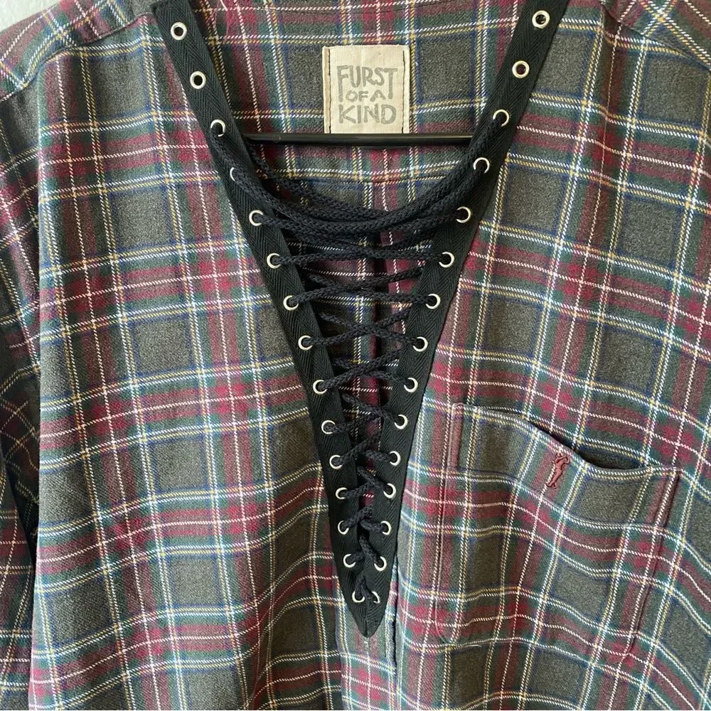Furst of A Kind Upcycled Oversized Plaid Lace Up Button Front Flannel Shirt